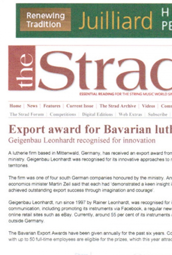 "Export Award for bavarian luthier" Artikel im Magazin "the Strad"