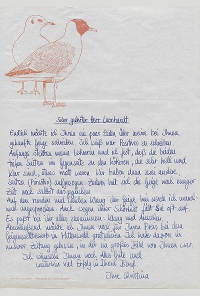 Eine sehr positive Rückmeldung über unsere Geige