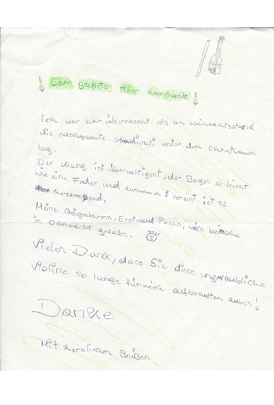 Eine junge Geigenspielerin bedankt sich mit diesem Brief bei uns.