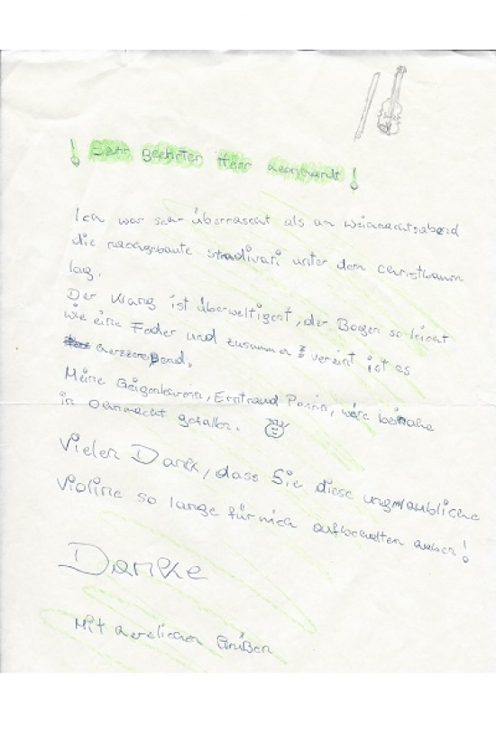 Eine junge Geigenspielerin bedankt sich mit diesem Brief bei uns.