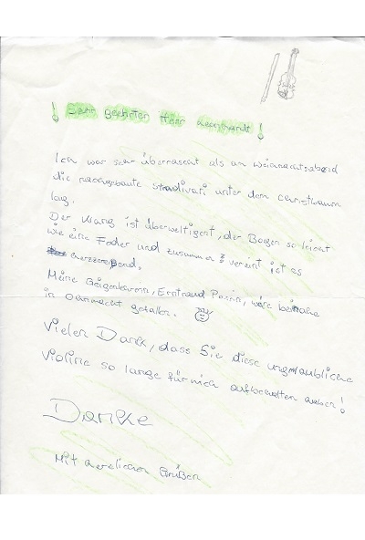 Eine junge Geigenspielerin bedankt sich mit diesem Brief bei uns.