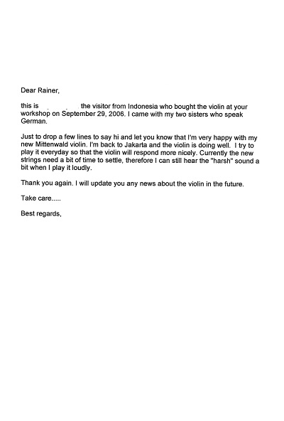 Postive Rückmeldung einer Geigerin aus Indonesien