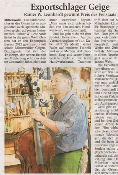 &quot;Exportschlager Geige&quot; Artikel im GaPa-Tagblatt