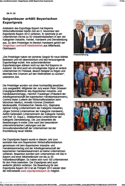 &quot;Geigenbauer erhält bayerischen Exportpreis&quot; das Musikinstrument