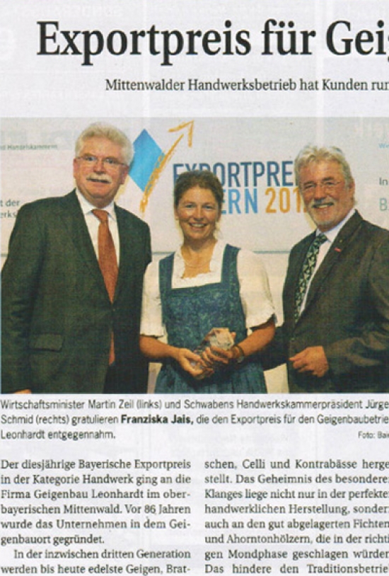 "Exportpreis für Geigenbauer" Deutsche Handwerks-Zeitung