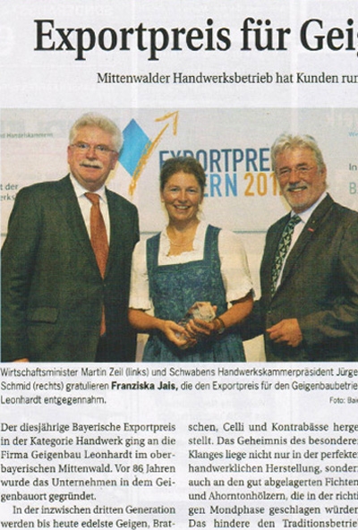 &quot;Exportpreis für Geigenbauer&quot; Deutsche Handwerks-Zeitung