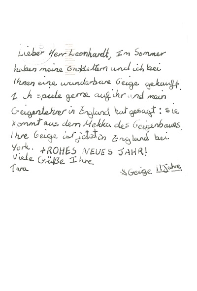 Eine unserer Violinen wird jetzt in England gespielt